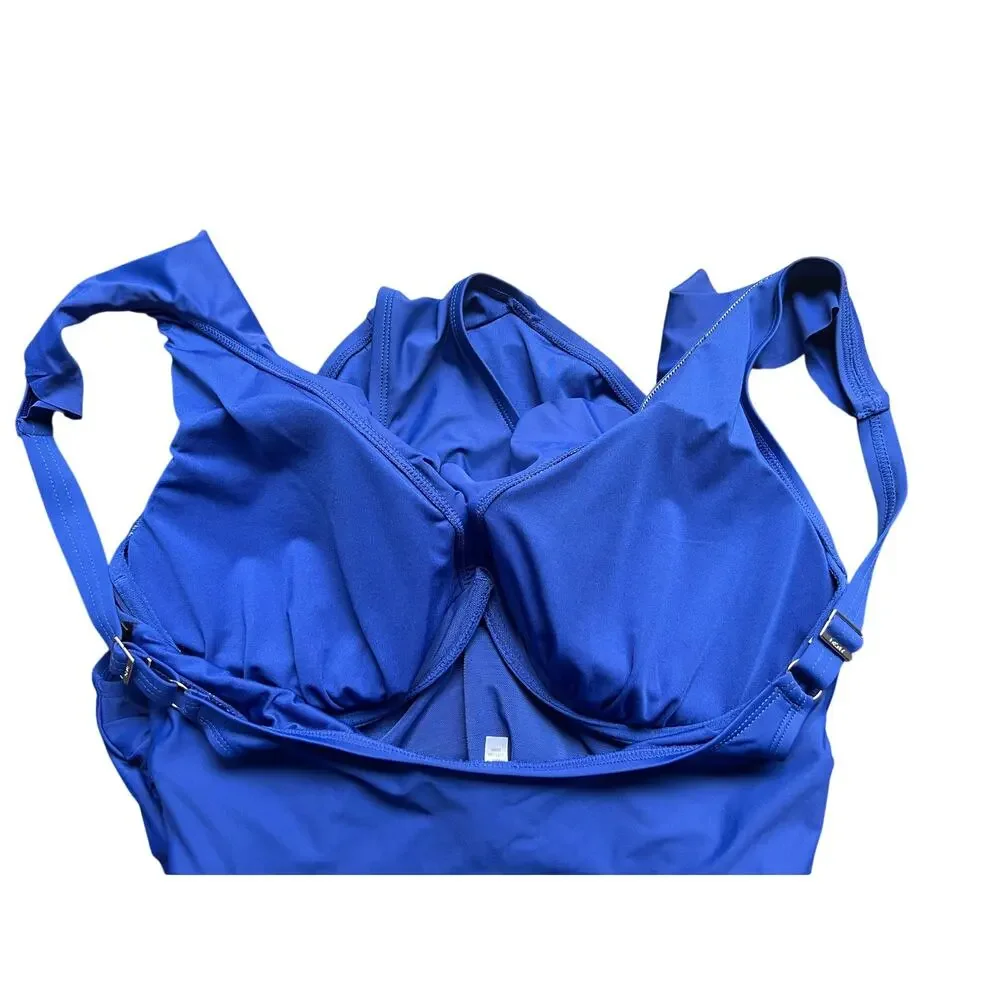 DKNY WOMENS SIZE XLARGE RUFFLE PLUNGE UNDERWIRE ONE PIECE SWIMSUIT BLUE NEW